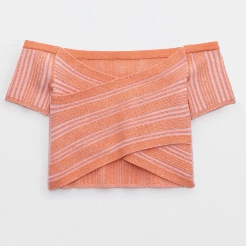 Aerie Peach Striped Off-Shoulder Crop Top - Picture 5 of 11